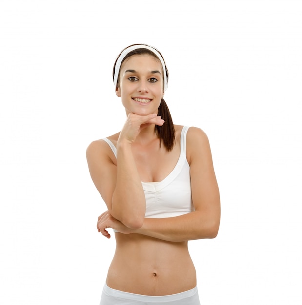 Free Photo  Beautiful young woman in white underwear holding green apple.