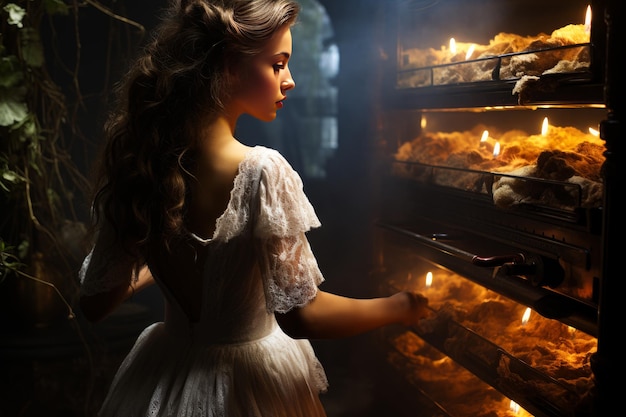 Beautiful young woman in white vintage dress stands in the old kitchen with candles and looks at the oven