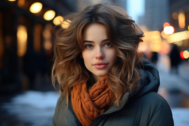 Beautiful young woman in a winter coat and scarf on the background of the city