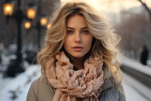 Beautiful young woman in a winter coat and scarf on the background of the city