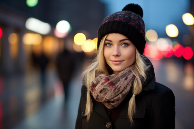 a beautiful young woman in a winter hat and scarf on the street at night