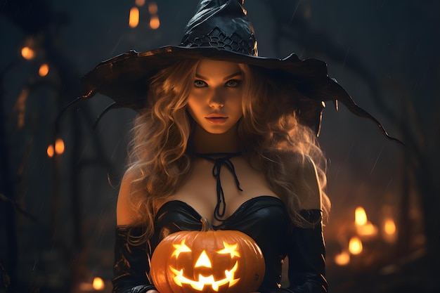 Beautiful young woman in witches hat and costume holding carved pumpkin