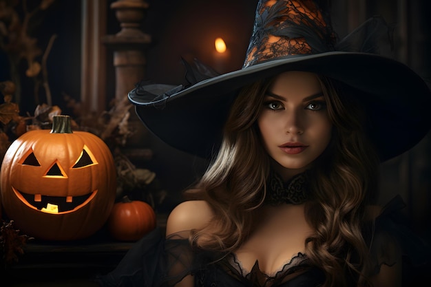 Beautiful young woman in witches hat and costume holding carved pumpkin