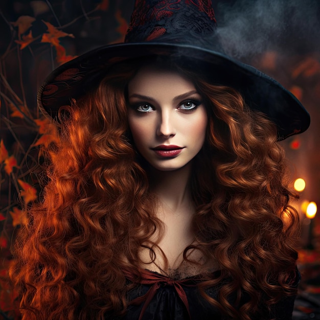 Beautiful young woman in witches hat Halloween art portrait