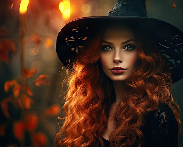 Beautiful young woman in witches hat Halloween art portrait