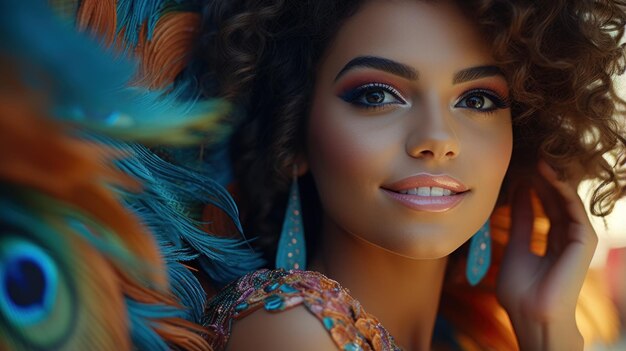 Beautiful young woman with afro hairstyle and colorful feathers on her head generative ai