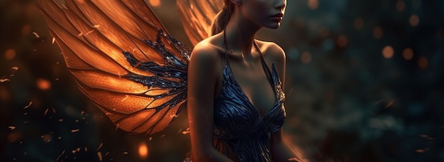 Beautiful young woman with angel wings and fire on her bodygenerative ai