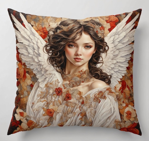 Beautiful young woman with angel wings and flowers on a pillow