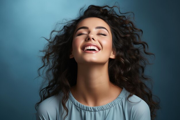 Beautiful young woman with arms raised in celebration expressing pure delight Generative AI