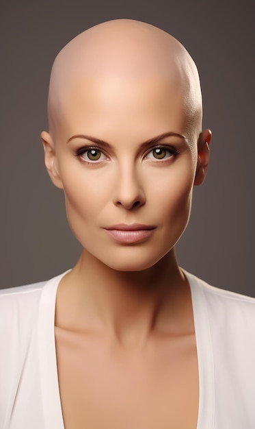 Photo beautiful young woman with bald head after chemotherapy on isolated gray background world cancer day