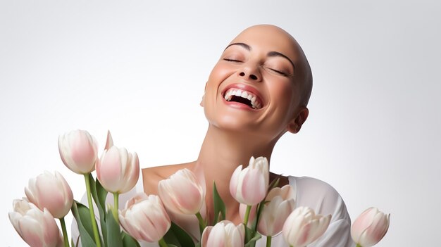 Photo beautiful young woman with bald head after chemotherapy on isolated white background