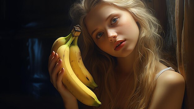 Beautiful young woman with bananas on dark background Beauty fashion Ai Generated