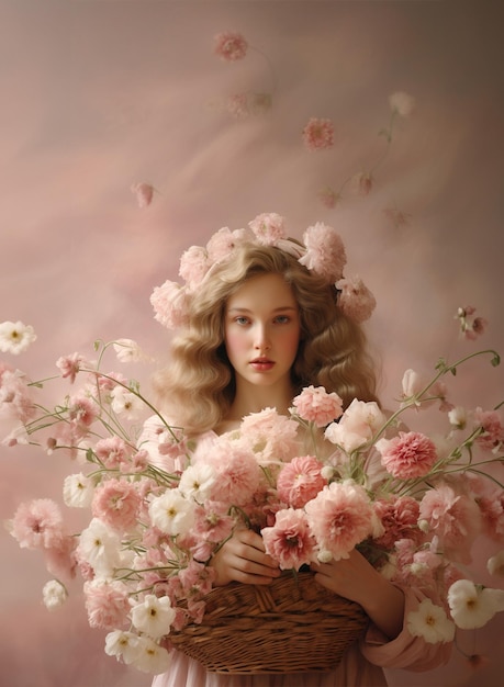 Beautiful young woman with basket of pink flowers copy space for text