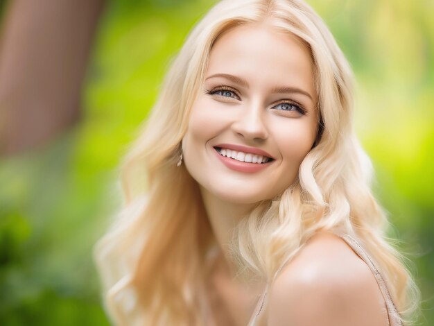 A beautiful young woman with blond hair smiles in nature