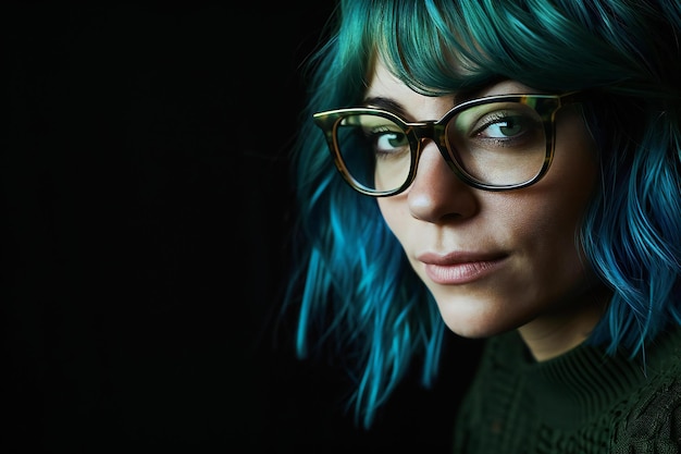 Photo beautiful young woman with blue hair and eyeglasses on black background
