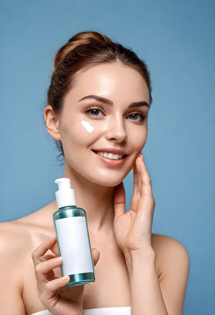 beautiful young woman with a bottle of skin care cream