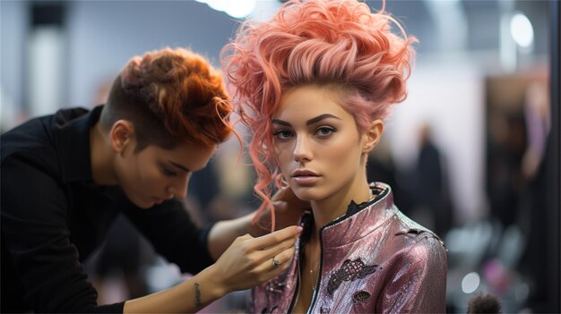 Foto una bella giovane donna con le trecce in un salone di parrucchiere