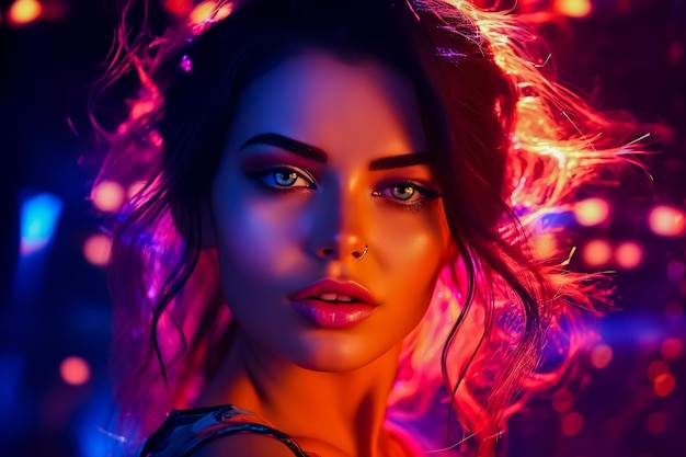 Beautiful young woman with bright makeup and bright lights