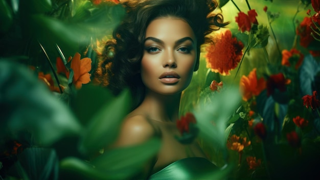 Beautiful young woman with bright makeup and curly hair posing among flowers Beauty fashion