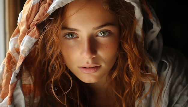 A beautiful young woman with brown hair looking at camera generated by artificial intelligence