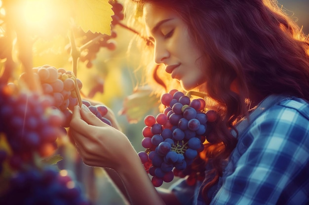 Beautiful young woman with bunch of grapes in vineyard at sunset