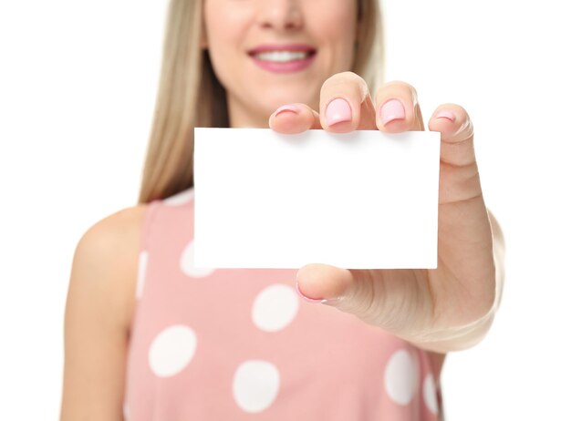 Photo beautiful young woman with business card on white background closeup