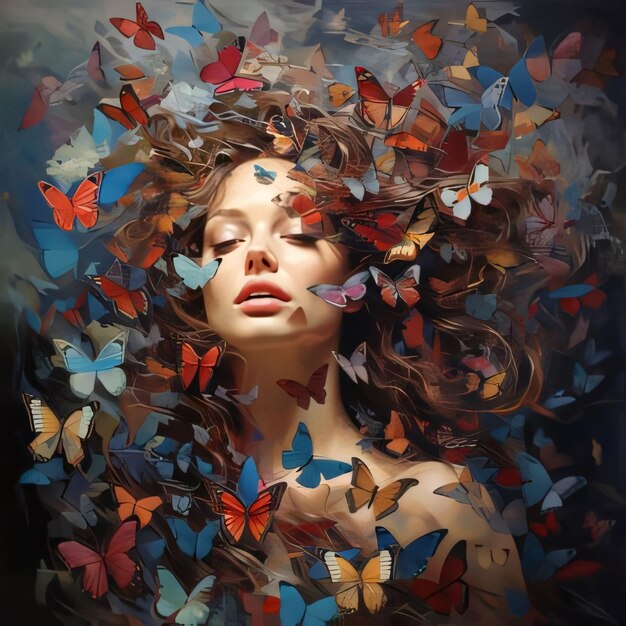 Beautiful young woman with butterflies in her hair Beauty fashion