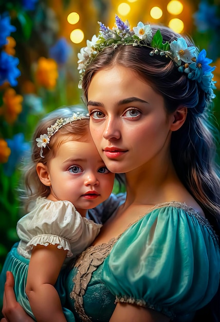 Beautiful young woman with a child in her arms motherhood and love