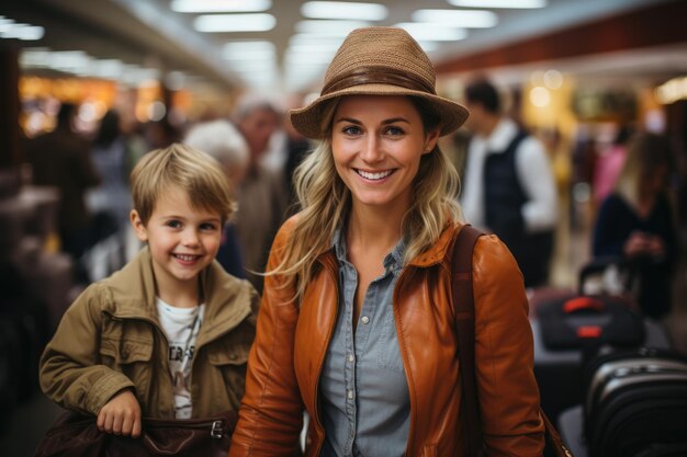 Beautiful young woman with child son and bags at railway station waiting for train Happy travel family ready for trip