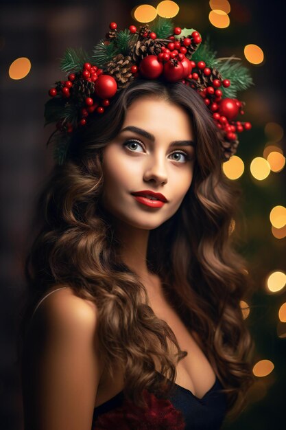 Photo beautiful young woman with christmas wreath on her head