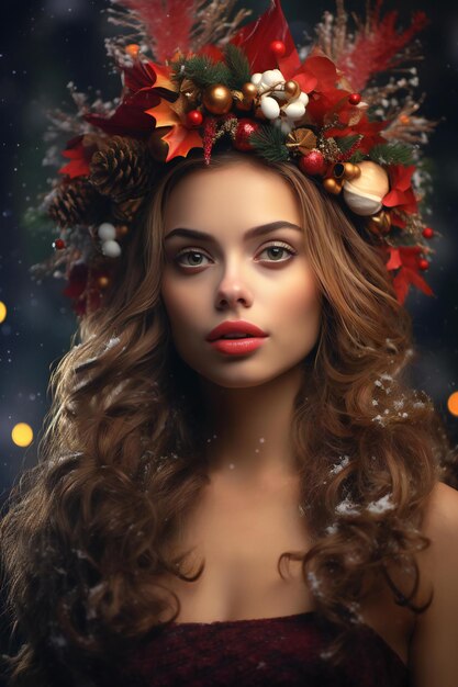 Beautiful young woman with christmas wreath on her head