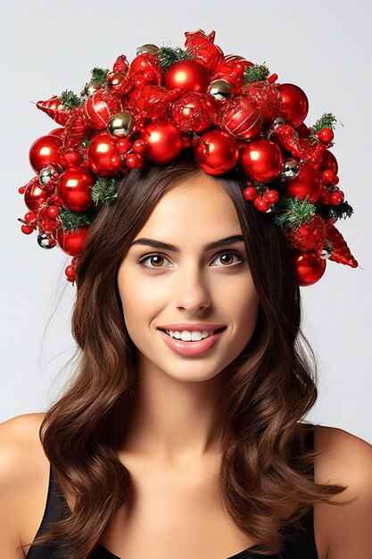 Foto bella giovane donna con una corona di natale sulla testa