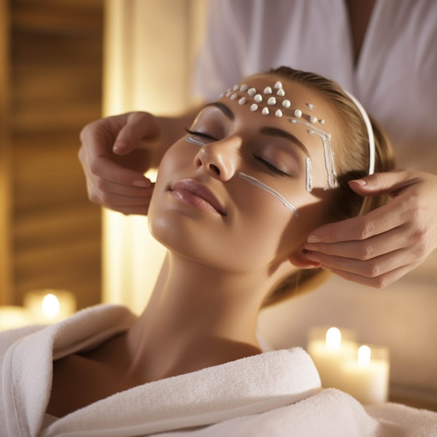 Beautiful young woman with closed eyes receiving facial massage in spa salon