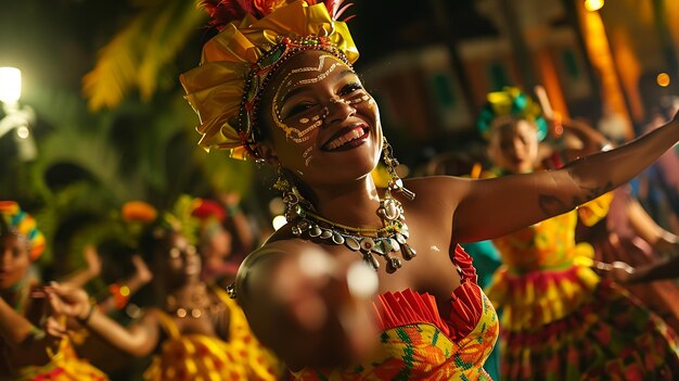 Beautiful young woman with colorful headdress and traditional African makeup dancing at a festival