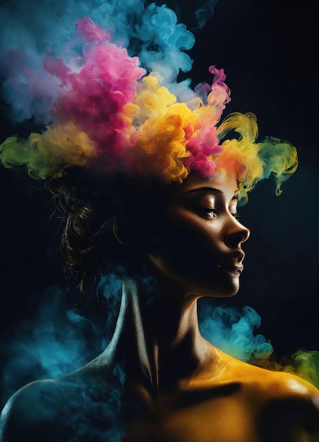 Beautiful young woman with colorfull hair in colorful smoke ai generative