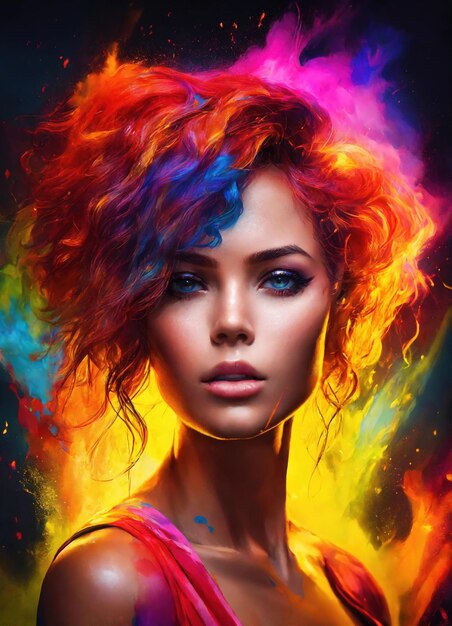 다채로운 연기가 있는 다채로운 머리카락을 가진 아름다운 젊은 여성