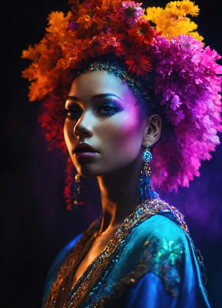 Photo beautiful young woman with colorfull hair in colorful smoke ai generative