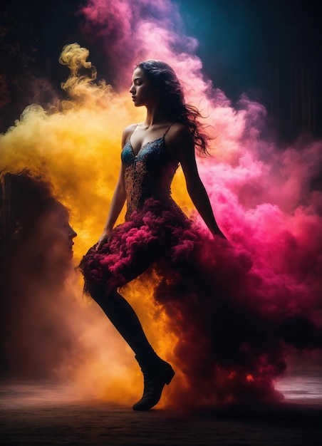 Photo beautiful young woman with colorfull hair in colorful smoke ai generative