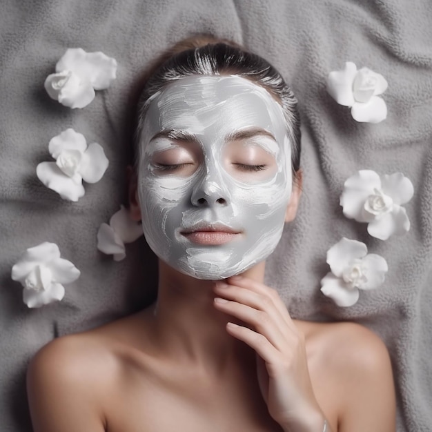 Beautiful young woman with a cosmetic mask on her face and white flowers on a gray background