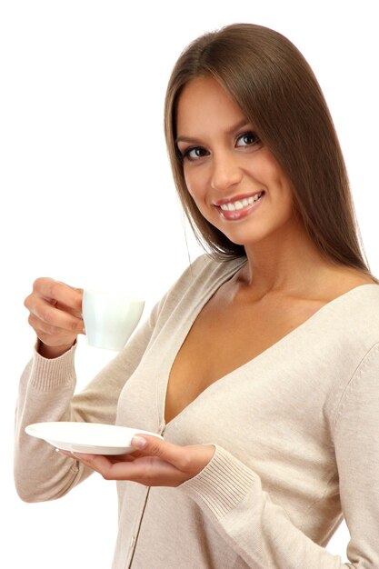 Beautiful young woman with cup of coffee, isolated on white