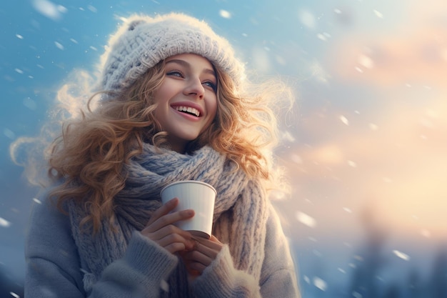 Beautiful young woman with cup of hot drink in snowy winter day