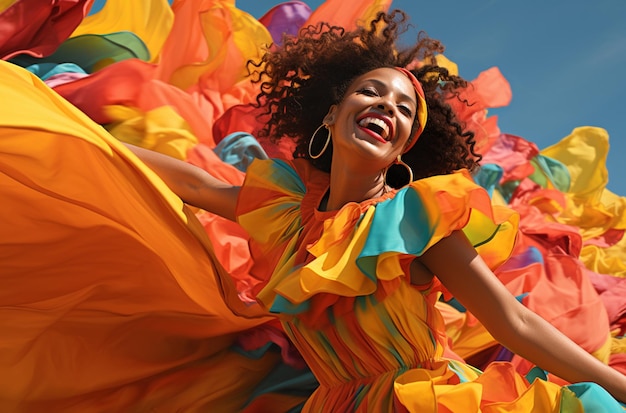 Photo beautiful young woman with curly hair dancing in the street at a carnival