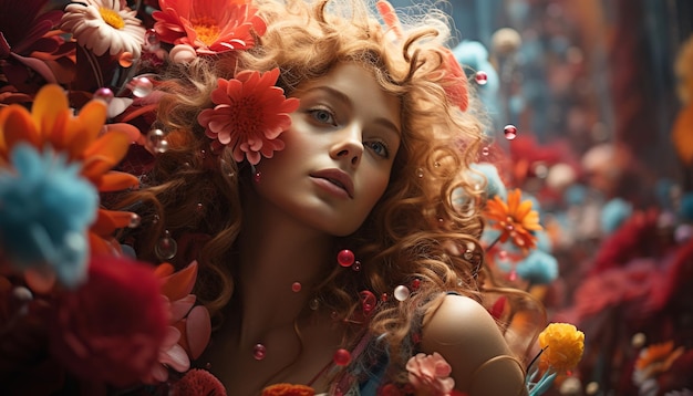 A beautiful young woman with curly hair and a flower generated by artificial intelligence