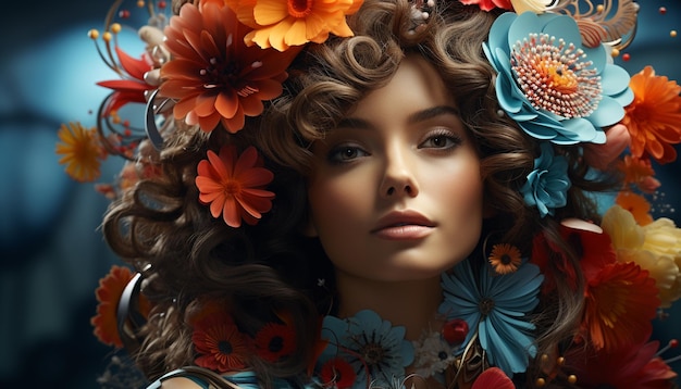 人工知能によって生成された巻き毛と花を持つ美しい若い女性