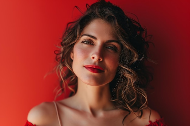 Beautiful young woman with curly hair and red lipstick posing against a red background