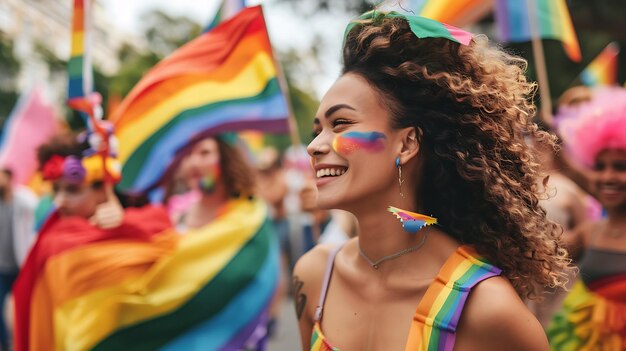A beautiful young woman with curly hair smiles happily as she celebrates Pride