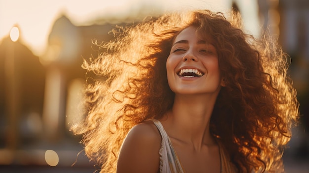 Photo beautiful young woman with curly hair smiling in nature on a sunny day