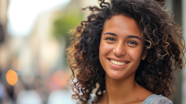 Beautiful young woman with curly hair smiling She is wearing a gray shirt and has a happy expression on her face