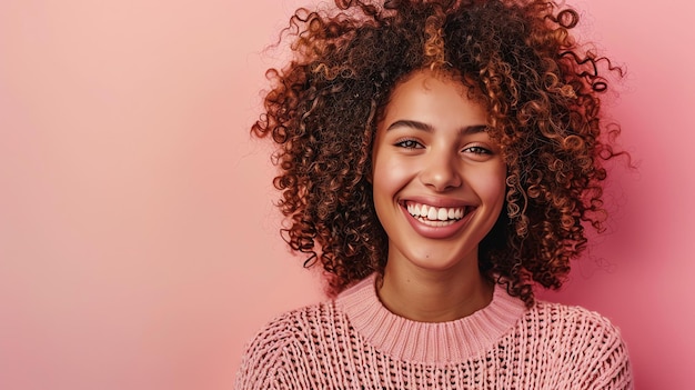 Beautiful young woman with curly hair smiling She is wearing a pink sweater