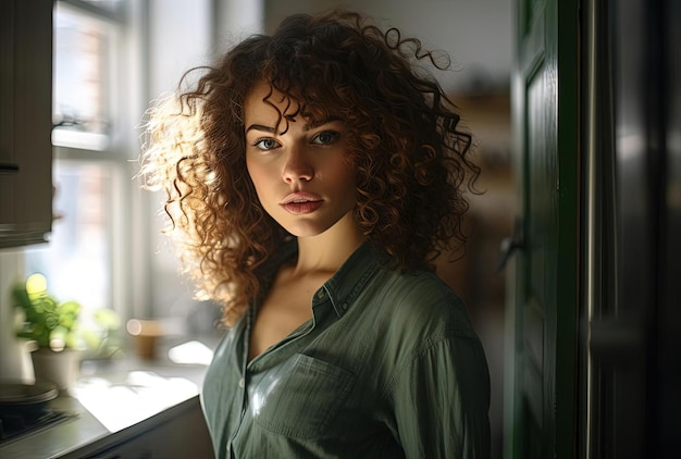 beautiful young woman with curly hair standing in kitchen in the style of u image